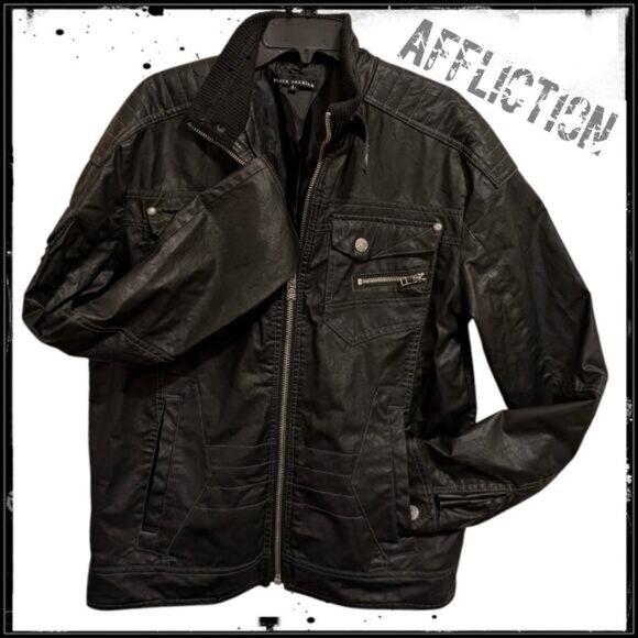 AFFLICTION Black Premium 73 Vegan Leather Zip Up Moto Jacket Zipper Pockets L - Picture 5 of 11